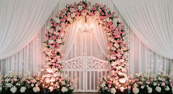 Flower Arch with White Drapes Backdrop