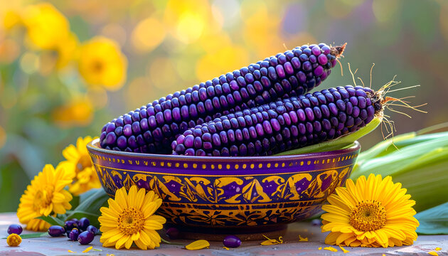 Vibrant Purple Corn in Decorative Bowl Surrounded by Yellow Flowers.