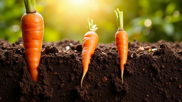 Close-up of four small carrots with roots emerging from the soil.