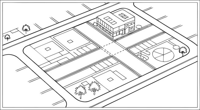 Clean black line C A D plan of urban site with buildings and trees CAD urban site plan