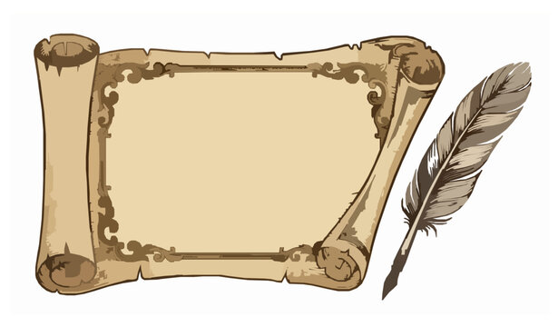 Horizontal vintage parchment scroll banner with ornate border and feather quill pen isolated vector illustration