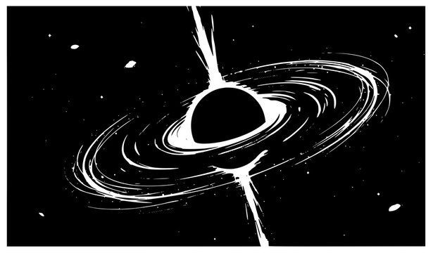 Deep space black hole with accretion disk and relativistic jet hand drawn sketch vector illustration