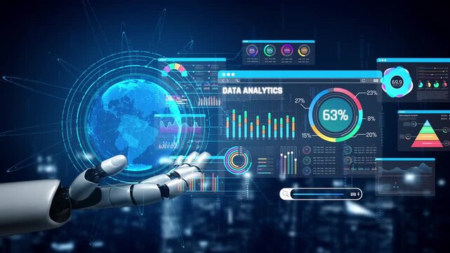 Futuristic Robot Hand Reaching Towards Data Analytics Dashboard with Global Patterns and Interactive Graphs in a Tech Environment Sigmoid
