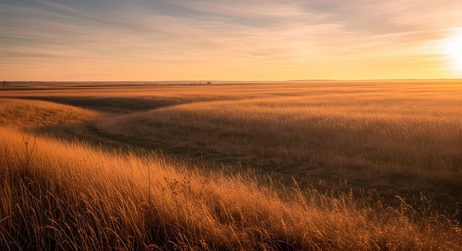 A vast grassy field at sunset with golden light hitting the horizon