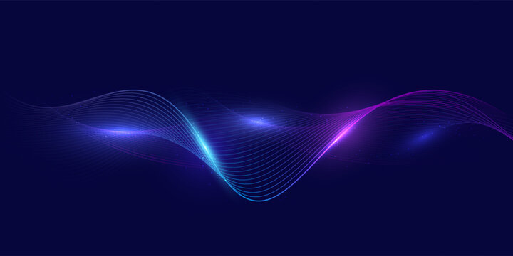 Abstract glowing wave lines in blue and purple gradient on dark background, futuristic digital flow, dynamic light curves, vector illustration for technology and data concepts.