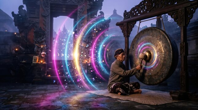 Balinese musician hitting traditional gong creating glowing sound waves in ancient temple