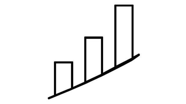 Minimalist vector icon illustration of a bar graph with three vertical bars of increasing heights on an upward sloping line, representing business growth, financial success, and data analysis.