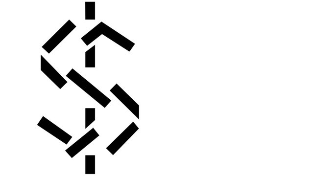 Minimalist stylized dollar sign vector illustration featuring a modern fragmented geometric design with black rectangular segments on a white background, ideal for business, finance, and currency.