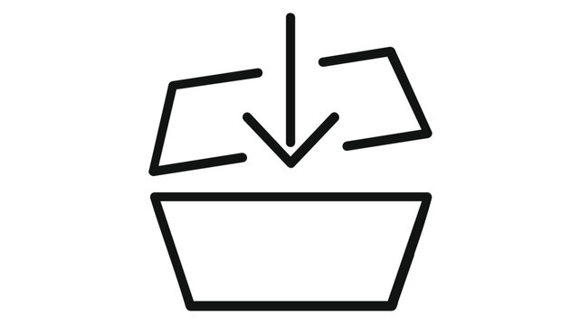 Minimalist vector icon illustration of a clean black line art download symbol featuring a downward-pointing arrow entering an open box, ideal for modern web design and digital user interfaces.