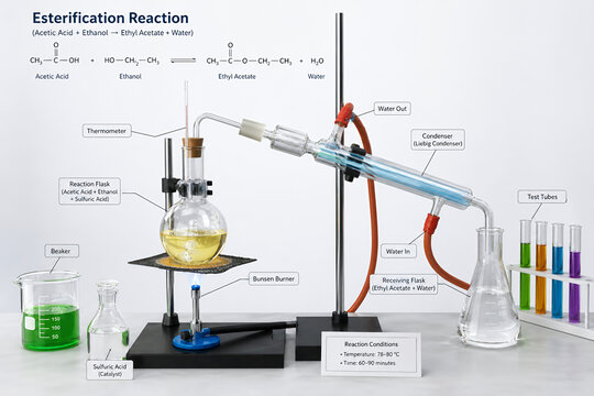 Esterification Chemical Reaction Lab Setup with Equipment Diagram