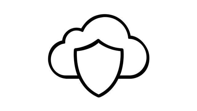 Cloud security vector icon illustration featuring a shield protecting a cloud data storage container. Minimalist flat line art for cybersecurity, data protection, and secure cloud computing.