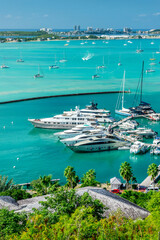 Aerial view of the bay of Marigot with luxury yachts and boats in the harbor, Caribbean island of Saint Martin (Sint Maarten), French West Indies © Delphotostock