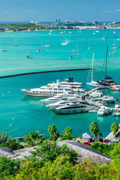 Aerial view of the bay of Marigot with luxury yachts and boats in the harbor, Caribbean island of Saint Martin (Sint Maarten), French West Indies