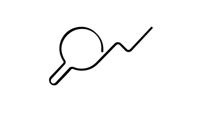 Minimalist vector illustration of a magnifying glass combined with a rising stock market chart line, representing business analysis, financial growth, and data research in a clean line art style.