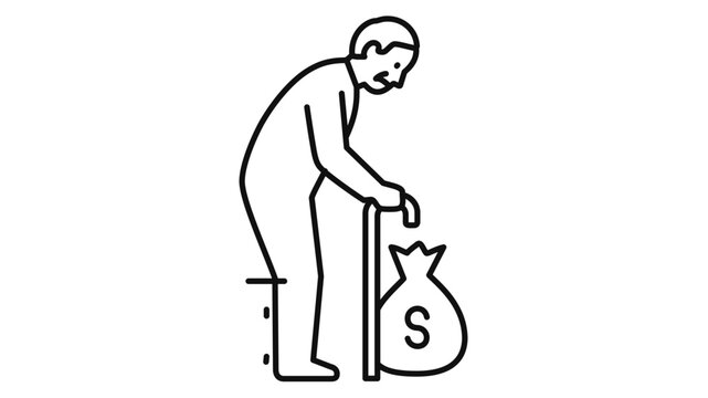 Minimalist vector illustration of an elderly person with a walking cane standing next to a money bag with a dollar sign, symbolizing pension funds, retirement savings, and senior financial security.