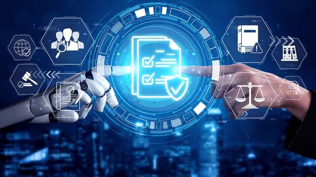 Futuristic Interaction between Human Hand and Robotic Arm with Digital Legal and Data Icons in a High-Tech Environment Sigmoid