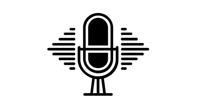 Minimalist studio microphone vector icon with sound waves, clean line art illustration for podcasting, radio broadcasting, voice recording, audio streaming, and music production applications.