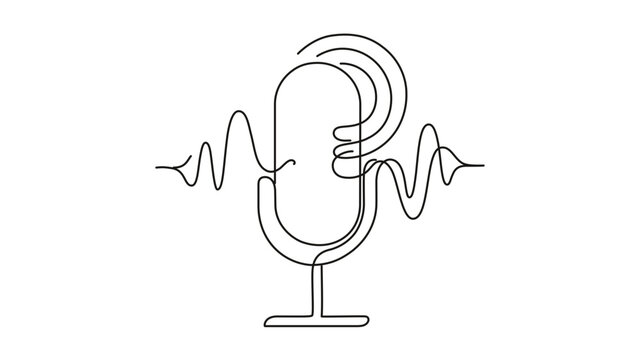 Minimalist line art vector illustration of a studio microphone with sound waves. Professional podcast mic icon for broadcasting, radio, audio recording, and digital media technology.