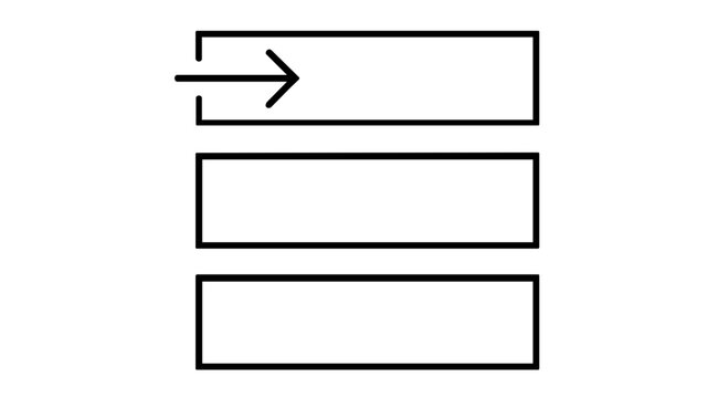 Uncluttered flat icon of a pointer arrow directed into a rectangular slot, abstractly depicting enqueue operations, data structure insertion, sequential buffer filling, and message-passing logic in