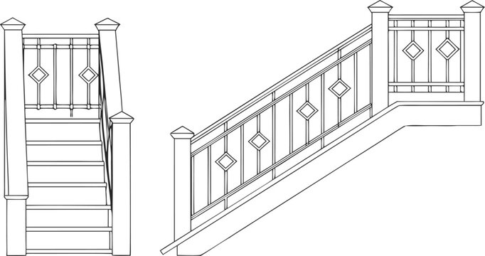 Architectural C A D of straight staircase with handrails and diamond patterned balusters
