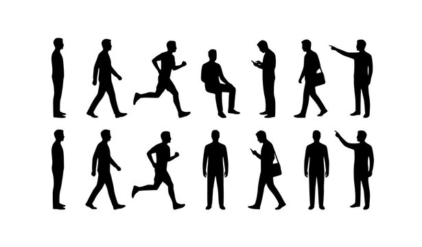 Men silhouettes vector set featuring casual people standing walking running sitting using phone and pointing isolated on white background