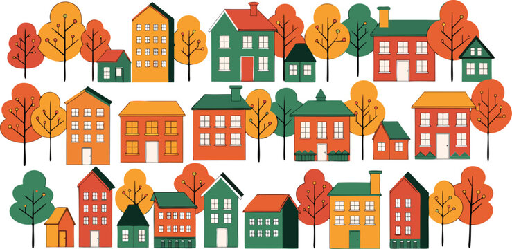 Autumn neighborhood house collection, flat vector suburban street with colorful fall trees, real estate and community building set