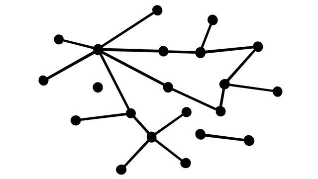 Abstract vector illustration of a complex network graph with connected nodes and lines, representing cybersecurity events, data connectivity, digital infrastructure, and neural networks.