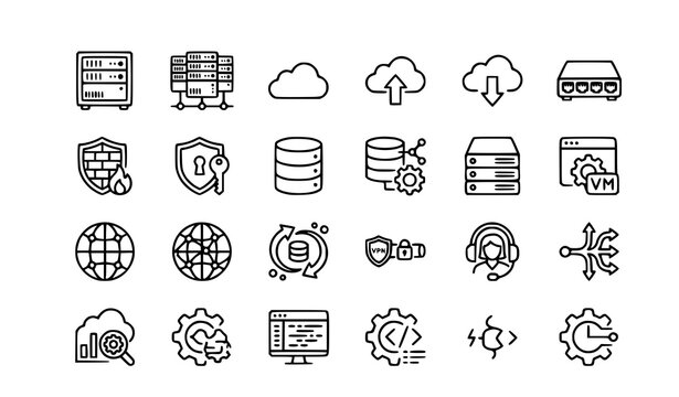 Cloud computing and database storage linear icons set with web servers hosting network security firewall data center symbols vector