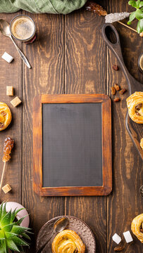 Empty chalkboard on rustic wooden table, surrounded by delicious pastries, swirl buns with raisins, coffee, and decorative elements, perfect for creative mock up use, stories templates with copy space