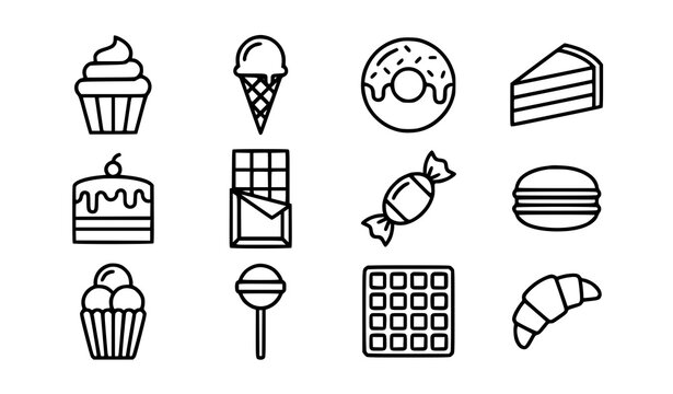 Sweet dessert thin line icon set featuring cupcake ice cream cone donut cake slice chocolate bar candy and macaron