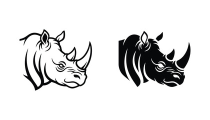 Stylized rhinoceros head icons in outline and solid black silhouette for wildlife and conservation graphic design © Minimalist