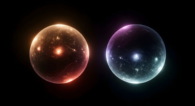 Two glowing cosmic spheres representing dual universes in deep space