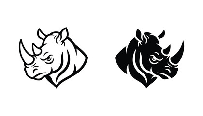 Set of aggressive rhinoceros head vector icons in black and white outline and silhouette styles for sports mascot or branding design © Minimalist
