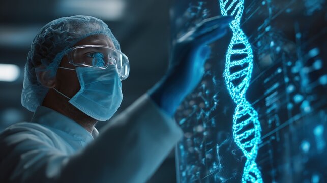 Professional scientist researching genetic data with glowing blue DNA sequence on digital screen in high-tech laboratory environment.