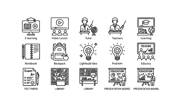 Online Learning and Education Icon Set Featuring Virtual Classroom Teaching Webinar and Academic Training Symbols Collection