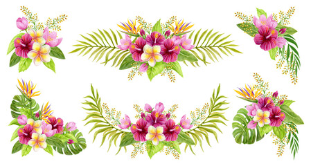 Tropical bouquet set. Floral ornament collection. Watercolor tropic floral summer composition. Hand drawn Hibiscus flowers, strelitzia, frangipani and palm leaves. © Marisha