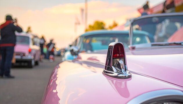 Vintage Pink Classic Car Hood Ornament at Outdoor Show.