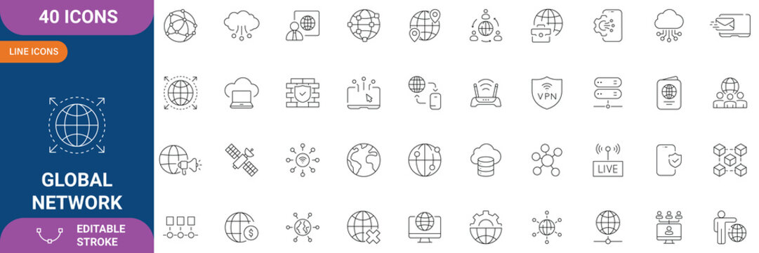 Global Network Icon Set. Containing Communication, Internet, Worldwide, Connection, Technology, Data, Networking, Globe, Digital, Online System, Cloud Computing and etc. Line Icon. Editable Stroke.