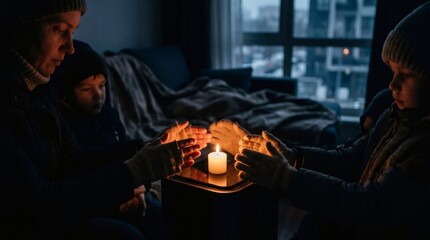 Obraz premium Poor family warming their hands over a single candle during a cold winter power outage