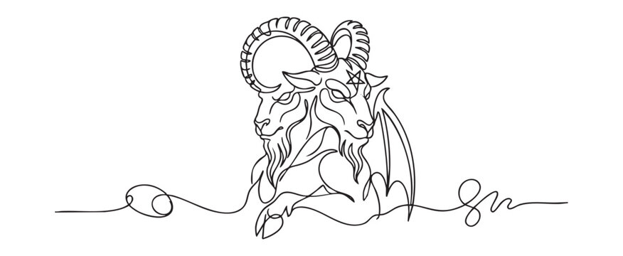 Minimalist continuous line drawing of a two headed goat demon figure with wings and pentagram symbol for esoteric occult mythology concept vector art illustration