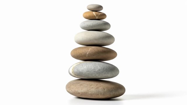 Stacked rocks, seven, tower high, colors from tan, to gray, to brown, on a white background