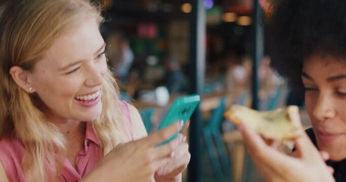 Phone, photography and women with pizza at restaurant for content creation, social media or website. Influencer, cellphone and group of girl friends with fast food for online filming at cafe or diner