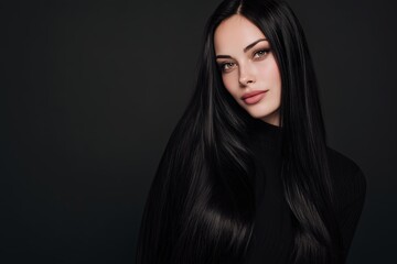 Naklejka premium Portrait of a Woman with Long Dark Hair against Black Background