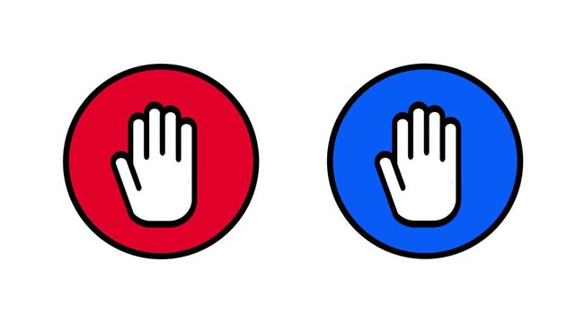 Two circular buttons showing a hand stop icon, one in red and one in blue, representing two different stop or restrict action states