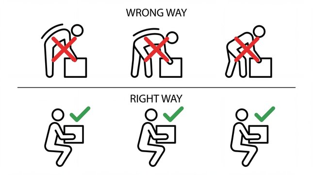 Correct and incorrect manual lifting techniques shown with simple line icons isolated on white background