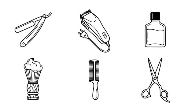 Barber Tools Icon Set Featuring Shaving Razor, Hair Clippers, Comb, Scissors, and Aftershave Bottle