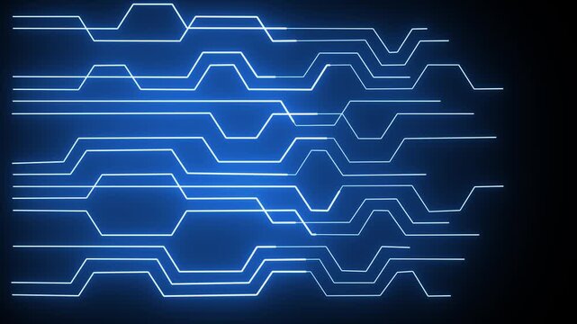Abstract background featuring glowing blue neon digital circuit lines moving across dark screen surface with rhythmic pulse motion representing futuristic data flow technology interface for modern web