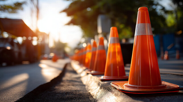 A row of orange traffic cones lining a freshly poured asphalt patch under sunlight, traffic cones, asphalt patch, sunlight, road repair, infrastructure, industrial scene, work zone, urban