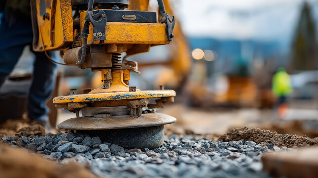 A vibrating plate compactor pressing gravel firmly into the ground at a construction site, vibrating plate, gravel compactor, compaction tool, construction site, ground prep, machinery, road