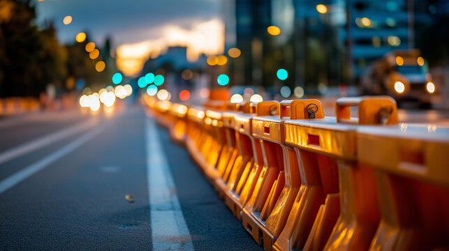 A row of jersey barriers neatly arranged along a temporary lane at dusk, jersey barriers, temporary lane, dusk light, road safety, lane separation, infrastructure, urban work, evening scene,